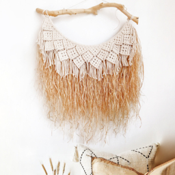 Large Handmade Boho Woven Raffia Wood Tapestry Natural Cotton Macrame Wall Hanging - thumbnail 3