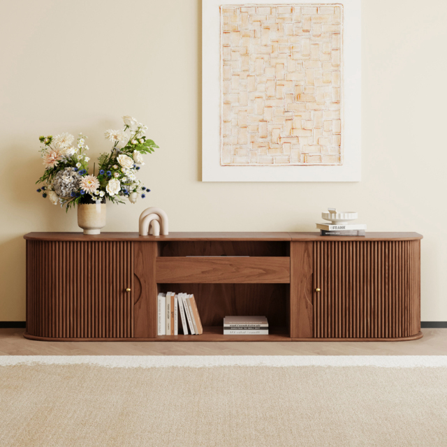 210 cm Ash Wood Fluted TV Stand Mid Century Modern Media Console with UST Projector Cabinet & LED in Walnut - image 1
