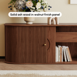 210 cm Ash Wood Fluted TV Stand Mid Century Modern Media Console with UST Projector Cabinet & LED in Walnut - thumbnail 9