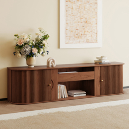 210 cm Ash Wood Fluted TV Stand Mid Century Modern Media Console with UST Projector Cabinet & LED in Walnut - thumbnail 2