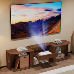 210 cm Ash Wood Fluted TV Stand Mid Century Modern Media Console with UST Projector Cabinet & LED in Walnut - thumbnail 5