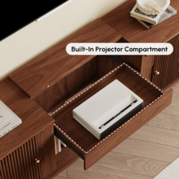 210 cm Ash Wood Fluted TV Stand Mid Century Modern Media Console with UST Projector Cabinet & LED in Walnut - thumbnail 7