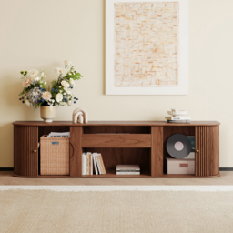 210 cm Ash Wood Fluted TV Stand Mid Century Modern Media Console with UST Projector Cabinet & LED in Walnut - thumbnail 3