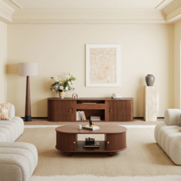 210 cm Ash Wood Fluted TV Stand Mid Century Modern Media Console with UST Projector Cabinet & LED in Walnut - thumbnail 4