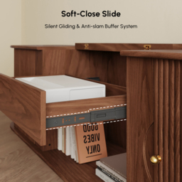 210 cm Ash Wood Fluted TV Stand Mid Century Modern Media Console with UST Projector Cabinet & LED in Walnut - thumbnail 8