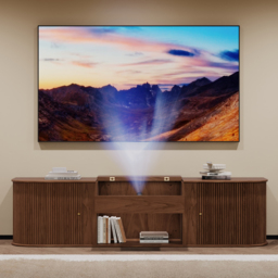 210 cm Ash Wood Fluted TV Stand Mid Century Modern Media Console with UST Projector Cabinet & LED in Walnut - thumbnail 6