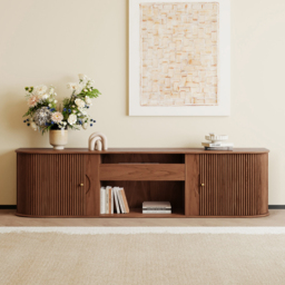 210 cm Ash Wood Fluted TV Stand Mid Century Modern Media Console with UST Projector Cabinet & LED in Walnut - thumbnail 1