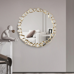 600mm Modern Large Gold Round Pebble Wall Mirror Decor with Geometric Frame Living Room - thumbnail 4