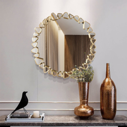 600mm Modern Large Gold Round Pebble Wall Mirror Decor with Geometric Frame Living Room - thumbnail 3