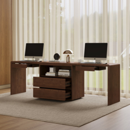 Modern 240 cm Rectangular Brown Double Desk with 4 Drawers & 1 Cabinet, Seats 2 - thumbnail 2