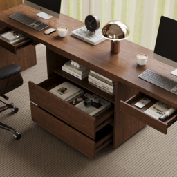 Modern 240 cm Rectangular Brown Double Desk with 4 Drawers & 1 Cabinet, Seats 2 - thumbnail 5