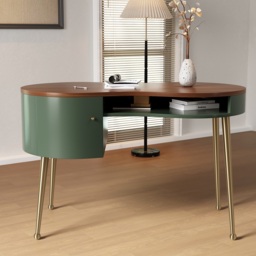 Mid-Century Modern Curved Office Desk Computer Desk with Shelf & Storage - thumbnail 7