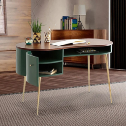 Mid-Century Modern Curved Office Desk Computer Desk with Shelf & Storage - thumbnail 2