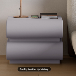 Modern Light Grey Leather Smart Nightstand with Wireless Charger 2 Drawers Bedside Table with USB & Type-C Ports Set of 2 - thumbnail 6