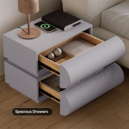 Modern Light Grey Leather Smart Nightstand with Wireless Charger 2 Drawers Bedside Table with USB & Type-C Ports Set of 2 - thumbnail 4