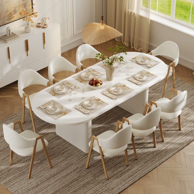 Japandi 2000mm-2400mm Oval Extendable White Dining Table & 8 Dining Chair Set - image 1