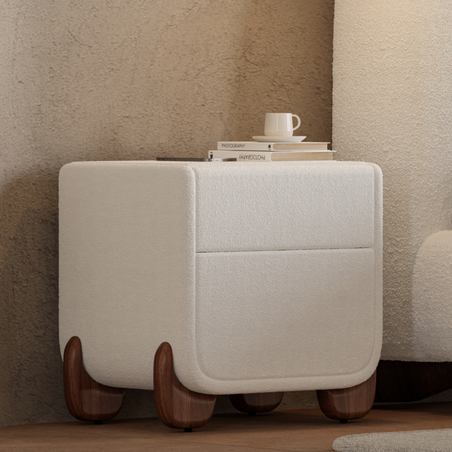 Curva Smart Boucle Bedside Table with Wood Legs 2-Drawer Bedside Table in White - image 1
