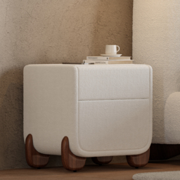 Curva Smart Boucle Bedside Table with Wood Legs 2-Drawer Bedside Table in White