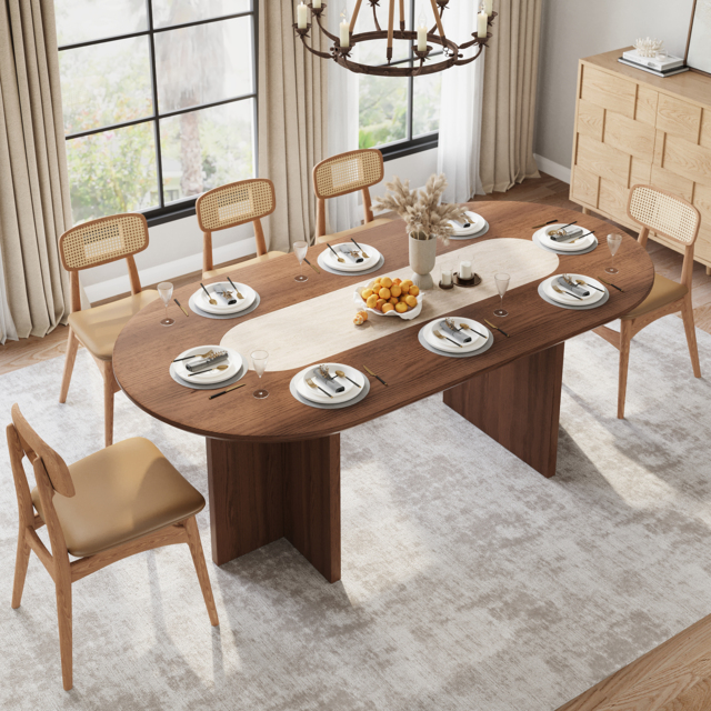 Mid-Century Oval Dining Table with Faux Marble Top and Plywood Base for 8 People Modern - image 1