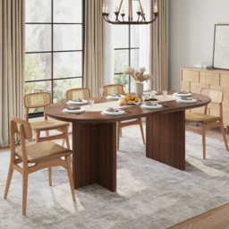 Mid-Century Oval Dining Table with Faux Marble Top and Plywood Base for 8 People Modern - thumbnail 2