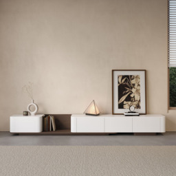 274 cm Walnut & Off White Modern Wood Extendable TV unit with 4 Drawer Retracted Cream Media Console - thumbnail 3