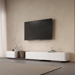 274 cm Walnut & Off White Modern Wood Extendable TV unit with 4 Drawer Retracted Cream Media Console