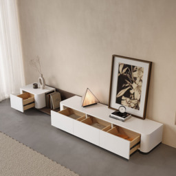 274 cm Walnut & Off White Modern Wood Extendable TV unit with 4 Drawer Retracted Cream Media Console - thumbnail 6