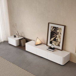 274 cm Walnut & Off White Modern Wood Extendable TV unit with 4 Drawer Retracted Cream Media Console - thumbnail 4