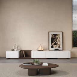 274 cm Walnut & Off White Modern Wood Extendable TV unit with 4 Drawer Retracted Cream Media Console - thumbnail 2