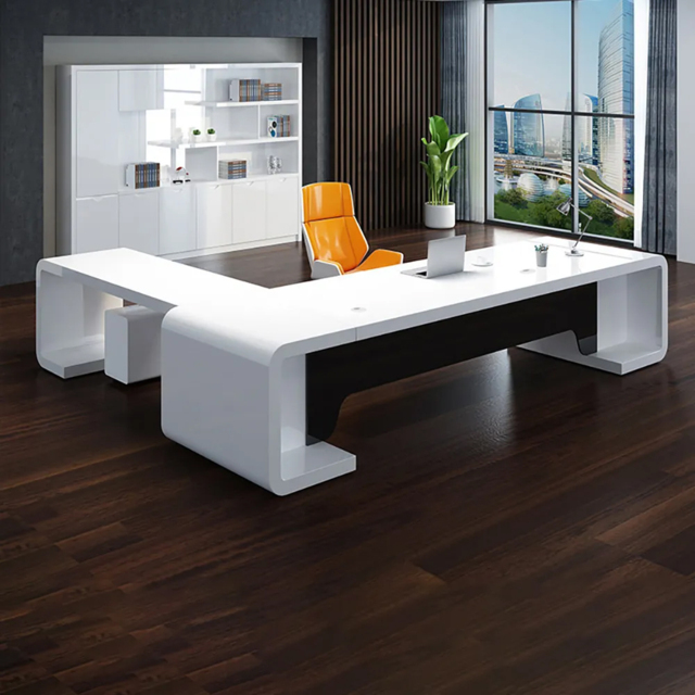 2400mm L-Shaped Modern Executive Desk of Right Hand with Drawers in White & Black