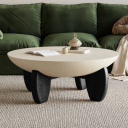 Curva Round Small Modern Beige & Black Coffee Table Concrete & Wood Accent Table