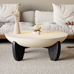 Curva Round Small Modern Beige & Black Coffee Table Concrete & Wood Accent Table - thumbnail 2