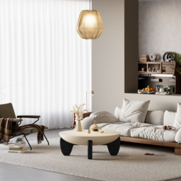 Curva Round Small Modern Beige & Black Coffee Table Concrete & Wood Accent Table - thumbnail 4