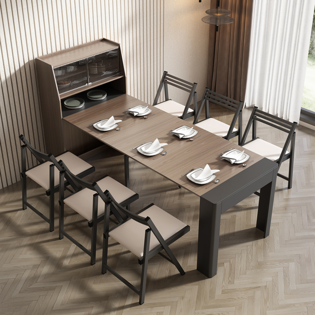Modern Extendable Dining Table with Storage Rectangle Sideboard Glass Door Walnut & Grey - image 1