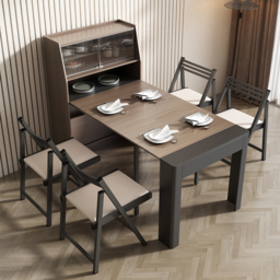 Modern Extendable Dining Table with Storage Rectangle Sideboard Glass Door Walnut & Grey - thumbnail 7