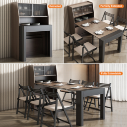 Modern Extendable Dining Table with Storage Rectangle Sideboard Glass Door Walnut & Grey - thumbnail 3