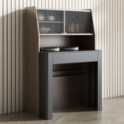 Modern Extendable Dining Table with Storage Rectangle Sideboard Glass Door Walnut & Grey - thumbnail 2