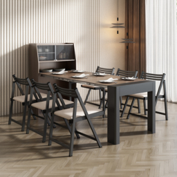 Modern Extendable Dining Table with Storage Rectangle Sideboard Glass Door Walnut & Grey - thumbnail 8