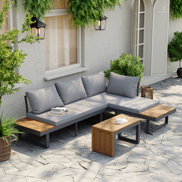 4 Seater Modular Outdoor Acacia Sectional Sofa Set with Cushion and Table, 3 PCS Versatile L-Shaped Garden Lounge Sofa Patio Furniture Set - image 1
