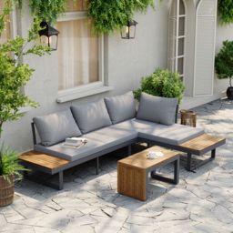 4 Seater Modular Outdoor Acacia Sectional Sofa Set with Cushion and Table, 3 PCS Versatile L-Shaped Garden Lounge Sofa Patio Furniture Set