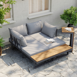 4 Seater Modular Outdoor Acacia Sectional Sofa Set with Cushion and Table, 3 PCS Versatile L-Shaped Garden Lounge Sofa Patio Furniture Set - thumbnail 4