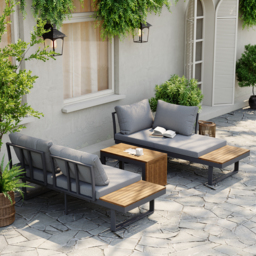 4 Seater Modular Outdoor Acacia Sectional Sofa Set with Cushion and Table, 3 PCS Versatile L-Shaped Garden Lounge Sofa Patio Furniture Set - thumbnail 6