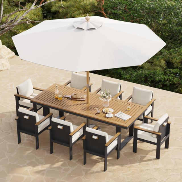 10 Pieces Rectangle Wood & Aluminium Outdoor Patio Dining Set with Central Pillar Umbrell - image 1