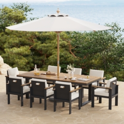 10 Pieces Rectangle Wood & Aluminium Outdoor Patio Dining Set with Central Pillar Umbrell - thumbnail 2