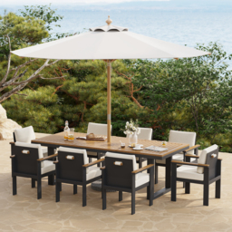 10 Pieces Rectangle Wood & Aluminium Outdoor Patio Dining Set with Central Pillar Umbrell - thumbnail 2