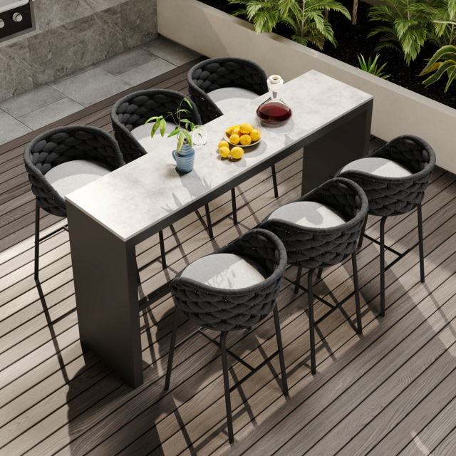 7-Piece Garden Sintered Stone & Aluminium Bar Dining Set with 6 Bar Stools in Dark Grey - image 1