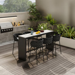 7-Piece Garden Sintered Stone & Aluminium Bar Dining Set with 6 Bar Stools in Dark Grey - thumbnail 2