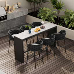 7-Piece Outdoor Sintered Stone & Aluminium Bar Dining Set with 6 Bar Stools in Dark Grey - thumbnail 2
