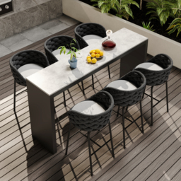 7-Piece Garden Sintered Stone & Aluminium Bar Dining Set with 6 Bar Stools in Dark Grey - thumbnail 1
