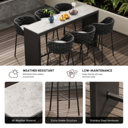 7-Piece Outdoor Sintered Stone & Aluminium Bar Dining Set with 6 Bar Stools in Dark Grey - thumbnail 5